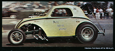 Fabulous Fiat blasts off to 169 m.p.h. - Back cover album photo from the T-Bones : Boss Drag LP